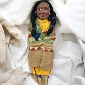Antique Skookum Doll‎ Mohair Braided Hair with Papoose  Clay Face Wooden 1921